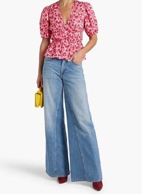 10 Crosby Derek Lam Pink Floral Peplum V‑Neck Blouse